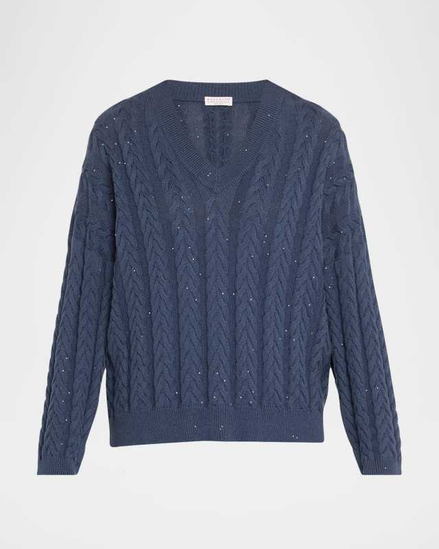 Cotton Double Cable-Knit V-Neck Sweater With Micro Pailettes
